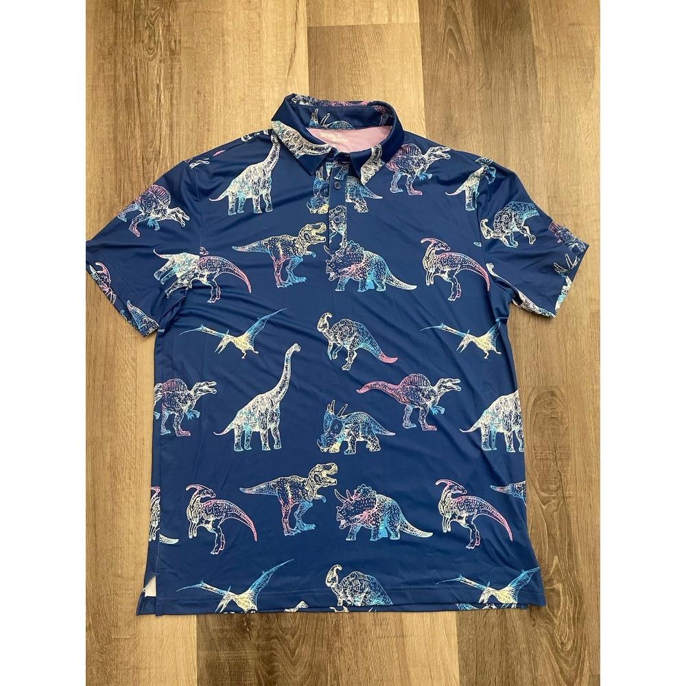 Birdie Bound Men's Novelty Print Golf Polo Shirt  Dinosaur ‎ Blue Size Medium